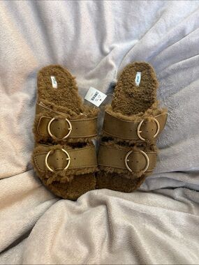 AERIE Cozy Faux-Shearling Double Strap Slide Sandals in Brown